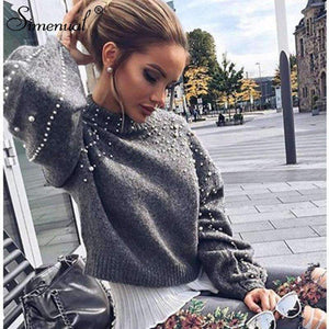 Planet Gates grey / S Autumn winter 2018 women sweaters and pullovers bead lantern sleeve knitted sweater pullover female grey slim jumpers