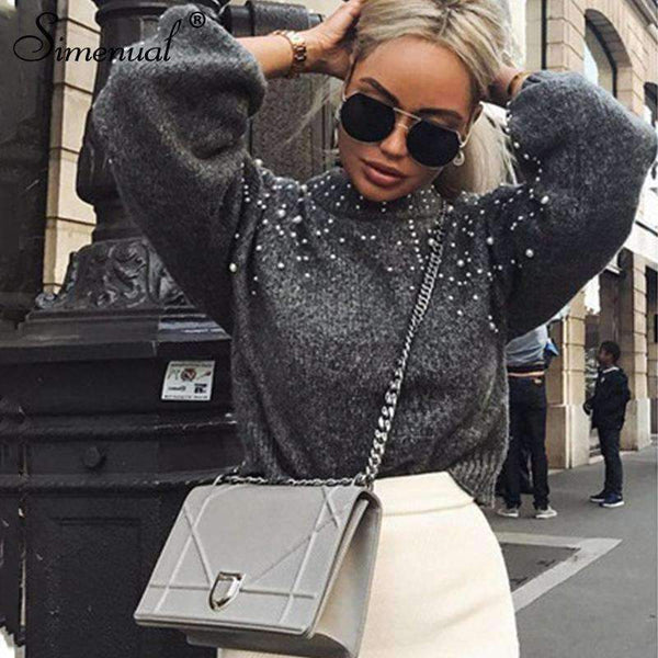 Planet Gates grey / S Autumn winter 2018 women sweaters and pullovers bead lantern sleeve knitted sweater pullover female grey slim jumpers