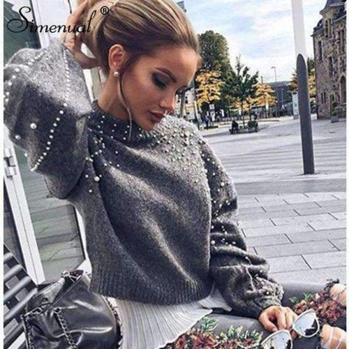 Planet Gates grey / S Autumn winter 2018 women sweaters and pullovers bead lantern sleeve knitted sweater pullover female grey slim jumpers
