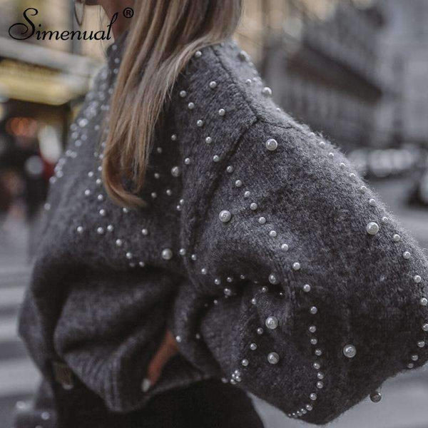 Planet Gates grey / S Autumn winter 2018 women sweaters and pullovers bead lantern sleeve knitted sweater pullover female grey slim jumpers