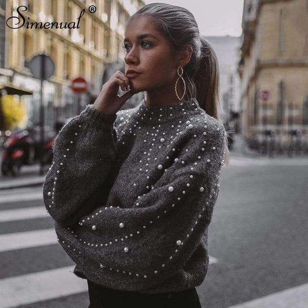 Planet Gates grey / S Autumn winter 2018 women sweaters and pullovers bead lantern sleeve knitted sweater pullover female grey slim jumpers