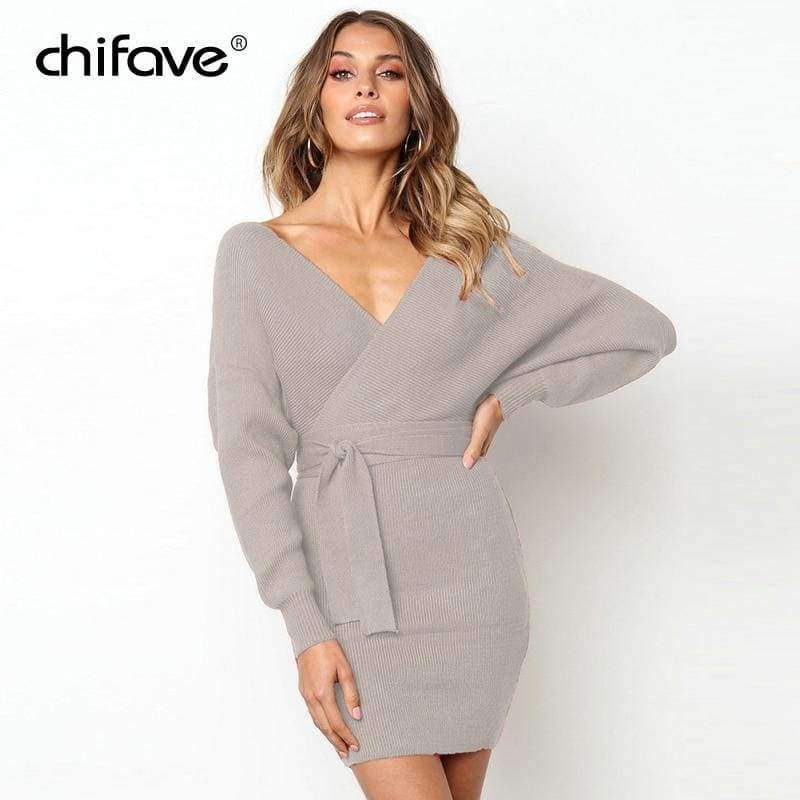 Planet Gates Grey / S / China Women Sweater Dress Casual Solid Long Batwing Sleeve Mini Knit Dress Female Autumn Winter Sexy Party Dresses chifave