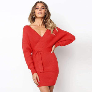 Planet Gates Grey / S / China Women Sweater Dress Casual Solid Long Batwing Sleeve Mini Knit Dress Female Autumn Winter Sexy Party Dresses chifave