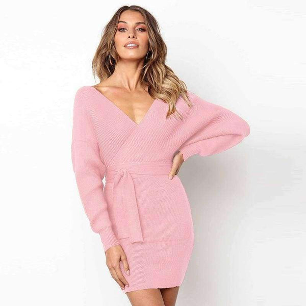 Planet Gates Grey / S / China Women Sweater Dress Casual Solid Long Batwing Sleeve Mini Knit Dress Female Autumn Winter Sexy Party Dresses chifave