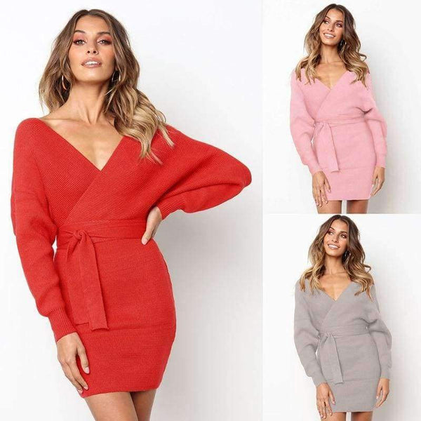 Planet Gates Grey / S / China Women Sweater Dress Casual Solid Long Batwing Sleeve Mini Knit Dress Female Autumn Winter Sexy Party Dresses chifave