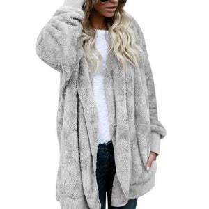 Planet Gates Grey / S New Year Spring Faux Fur Teddy Bear Coat Jacket Women Fashion Open Stitch Hooded Coat Female Long Sleeve Fuzzy Jacket