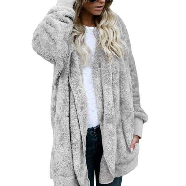Planet Gates Grey / S New Year Spring Faux Fur Teddy Bear Coat Jacket Women Fashion Open Stitch Hooded Coat Female Long Sleeve Fuzzy Jacket