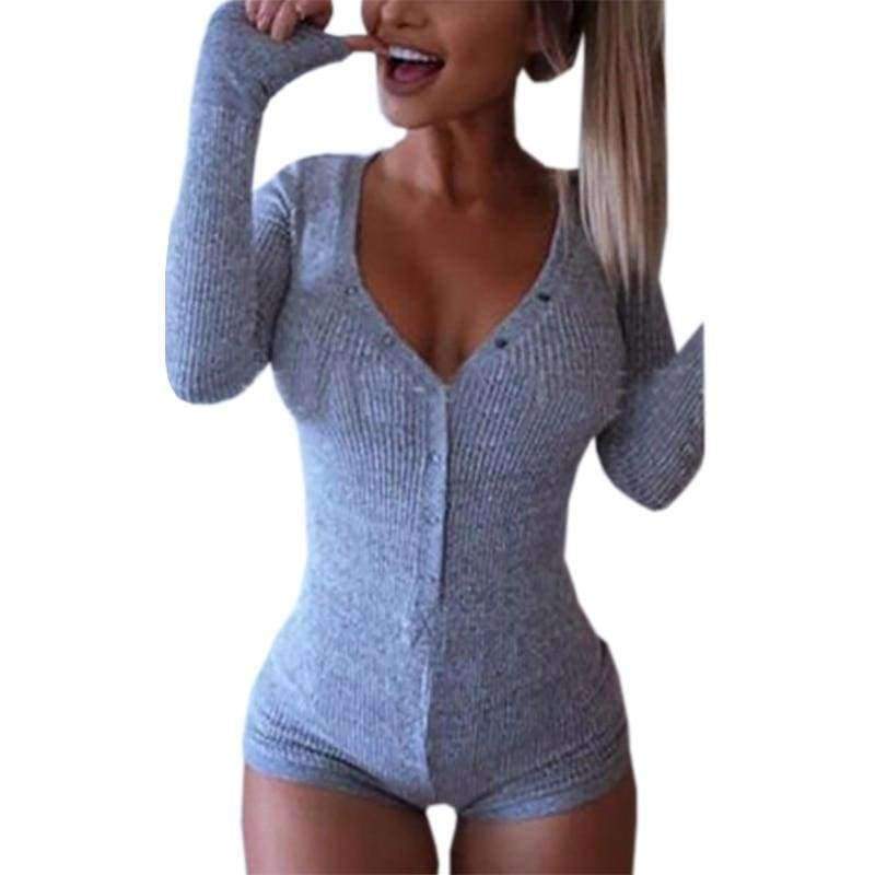 Planet Gates Grey / S Womens Jumpsuit 2018 Sexy Lady V Neck Long Sleeve Bodycon Jumpsuit Bodysuit Slim Short Cotton Romper