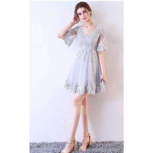 Planet Gates grey short / 6 New Black Cocktail Dresses Above Knee Lace Butterfly Half Sleeve Elegant cocktail Party Gown Vestidos De Novia