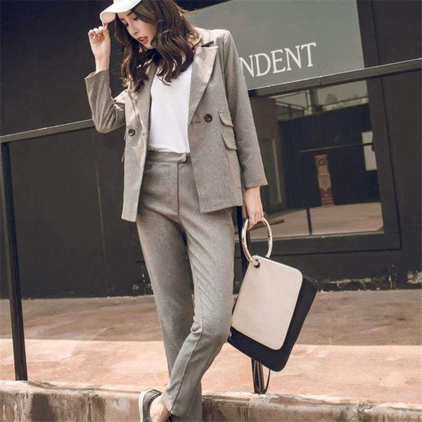 Planet Gates grey / XS Women 2 Two Piece Sets Short Gray Solid Blazer + High Waist Pant Office Lady Notched Jacket Pant Suits Korean Outfits Femme