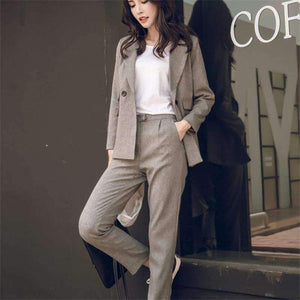 Planet Gates grey / XS Women 2 Two Piece Sets Short Gray Solid Blazer + High Waist Pant Office Lady Notched Jacket Pant Suits Korean Outfits Femme