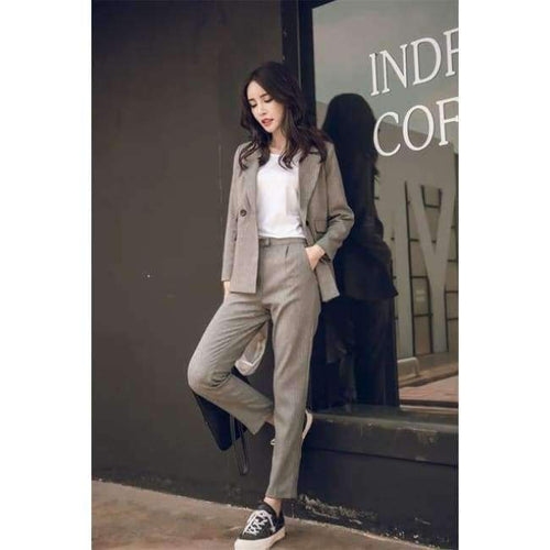Planet Gates grey / XS Women 2 Two Piece Sets Short Gray Solid Blazer + High Waist Pant Office Lady Notched Jacket Pant Suits Korean Outfits Femme