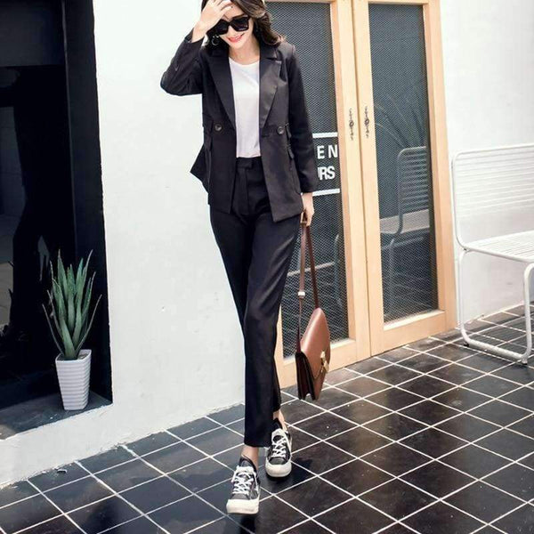 Planet Gates grey / XS Women 2 Two Piece Sets Short Gray Solid Blazer + High Waist Pant Office Lady Notched Jacket Pant Suits Korean Outfits Femme