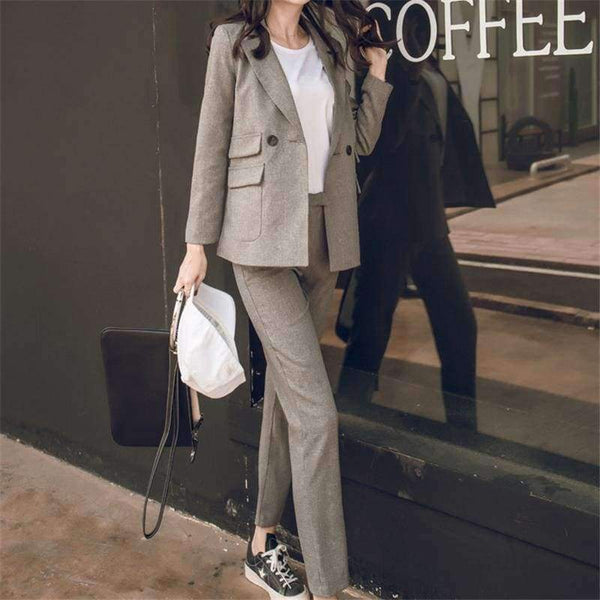 Planet Gates grey / XS Women 2 Two Piece Sets Short Gray Solid Blazer + High Waist Pant Office Lady Notched Jacket Pant Suits Korean Outfits Femme