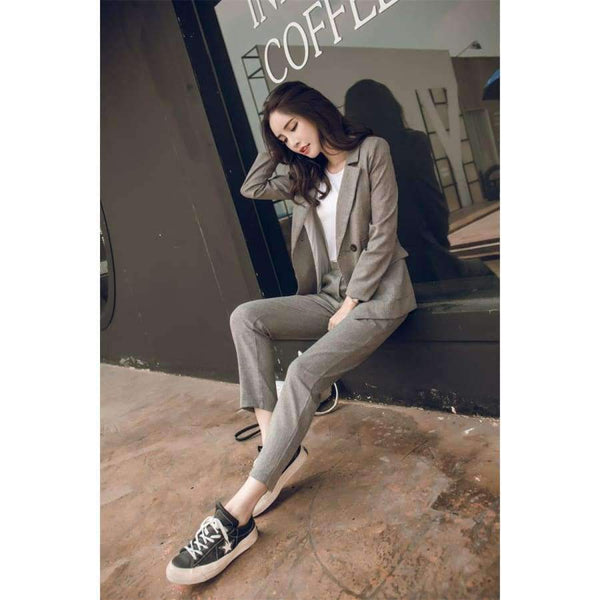 Planet Gates grey / XS Women 2 Two Piece Sets Short Gray Solid Blazer + High Waist Pant Office Lady Notched Jacket Pant Suits Korean Outfits Femme