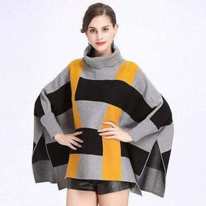 Planet Gates grey yellow / One Size Fashion Core Spun Yarn Plaid Bat Sleeve Turtleneck Sweater Women Autumn Winter Damier Cloak Cape Cashmere Shawl Poncho