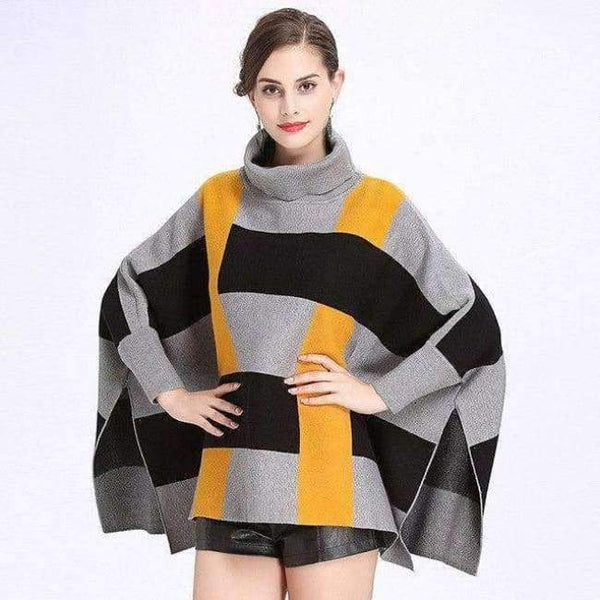 Planet Gates grey yellow / One Size Fashion Core Spun Yarn Plaid Bat Sleeve Turtleneck Sweater Women Autumn Winter Damier Cloak Cape Cashmere Shawl Poncho