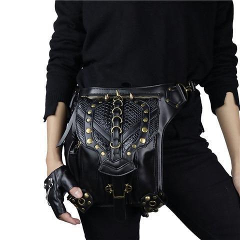 Planet Gates GTLY-FGB07 Gothic Steampunk Skull Retro Rock Bag Men Women Waist Bag Shoulder Bag Phone Case Holder Vintage Leather Messenger Bag