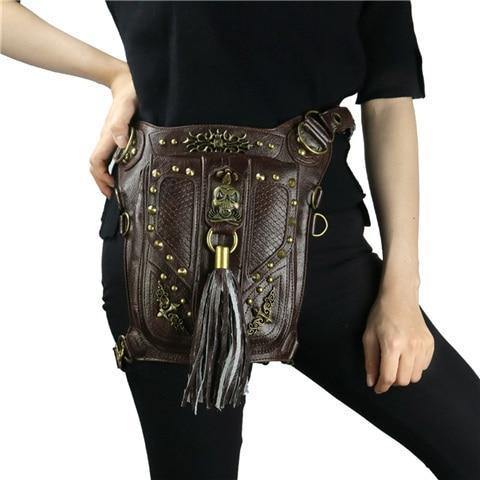 Planet Gates GTLY-KLB1602 Gothic Steampunk Skull Retro Rock Bag Men Women Waist Bag Shoulder Bag Phone Case Holder Vintage Leather Messenger Bag