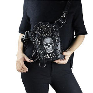 Planet Gates GTLY-KLB1609 Gothic Steampunk Skull Retro Rock Bag Men Women Waist Bag Shoulder Bag Phone Case Holder Vintage Leather Messenger Bag