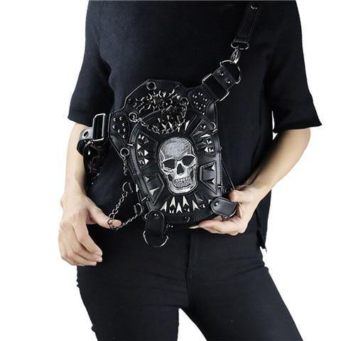 Planet Gates GTLY-KLB1609 Gothic Steampunk Skull Retro Rock Bag Men Women Waist Bag Shoulder Bag Phone Case Holder Vintage Leather Messenger Bag