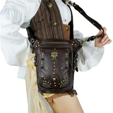 Planet Gates GTLY-KLB1614 Gothic Steampunk Skull Retro Rock Bag Men Women Waist Bag Shoulder Bag Phone Case Holder Vintage Leather Messenger Bag