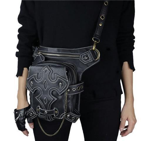 Planet Gates GTLY-YAOBAO02 Gothic Steampunk Skull Retro Rock Bag Men Women Waist Bag Shoulder Bag Phone Case Holder Vintage Leather Messenger Bag