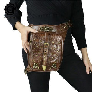 Planet Gates GTLY-YB1607 Gothic Steampunk Skull Retro Rock Bag Men Women Waist Bag Shoulder Bag Phone Case Holder Vintage Leather Messenger Bag