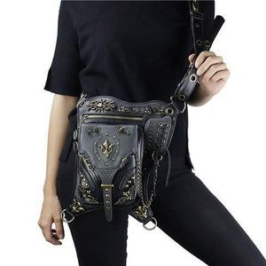 Planet Gates GTLY-YB1618 Gothic Steampunk Skull Retro Rock Bag Men Women Waist Bag Shoulder Bag Phone Case Holder Vintage Leather Messenger Bag