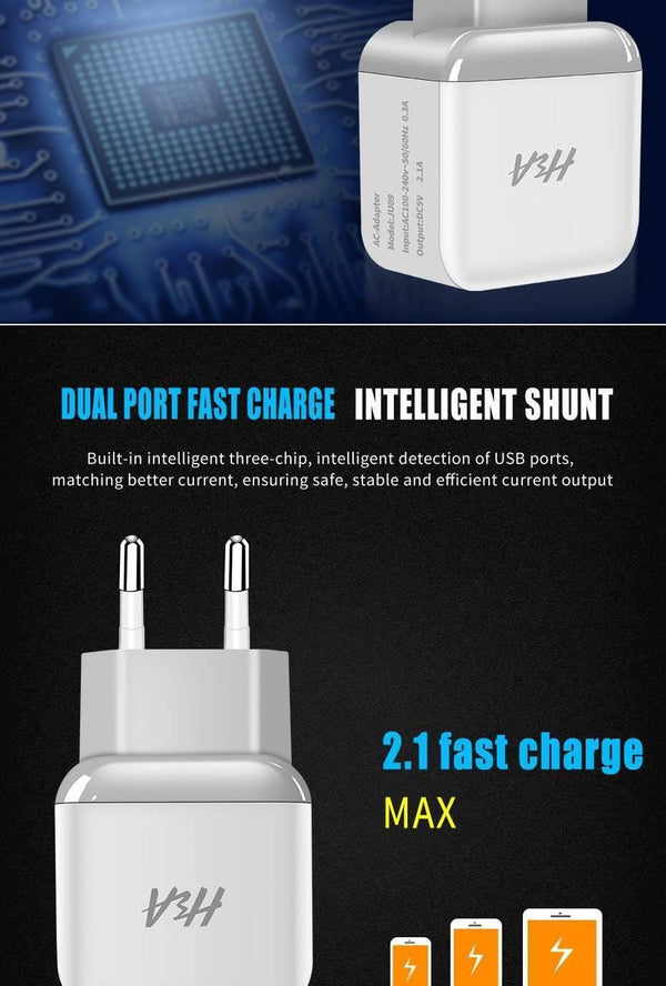 Planet Gates H&A Universal Dual 2 USB EU Charger Plug For iPhone Huawei Travel Phone Charger For Samsung Xiaomi Wall Portable Charging Plug