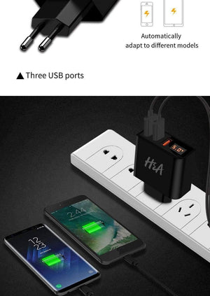 Planet Gates H&A Universal USB Charger LED Display Mobile Phone Charger Plug For iPhone For Samsung 15W 3 - 4 Port Travel EU Smart Chargers