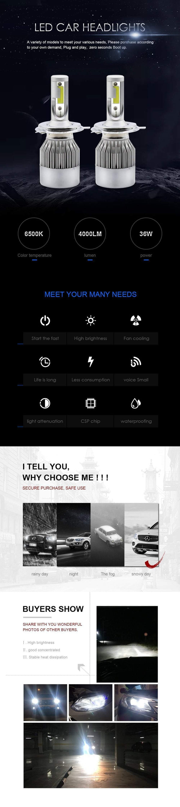 Planet Gates H1 Factory Supply Brand New 2X 36W 3800Lumen CooLing C6 Motorcycle Automobiles H1 H3 H4 H7 led Car Light Bulbs Pure White