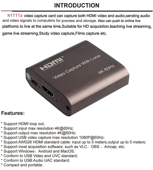 Planet Gates H1111Z 4K 60Hz HDMI Video Capture Card TV Loop 1080P Game Recording Plate Live Streaming Box USB 2.0 3.0 Grabber for PS4 Camera