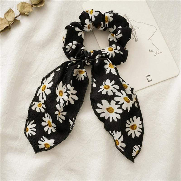 Daisy Print Bow Streamers Scrunchies Silk Elastic Hair Band For Women Girls Hair Ties Korean Sweet Hair Accessories
