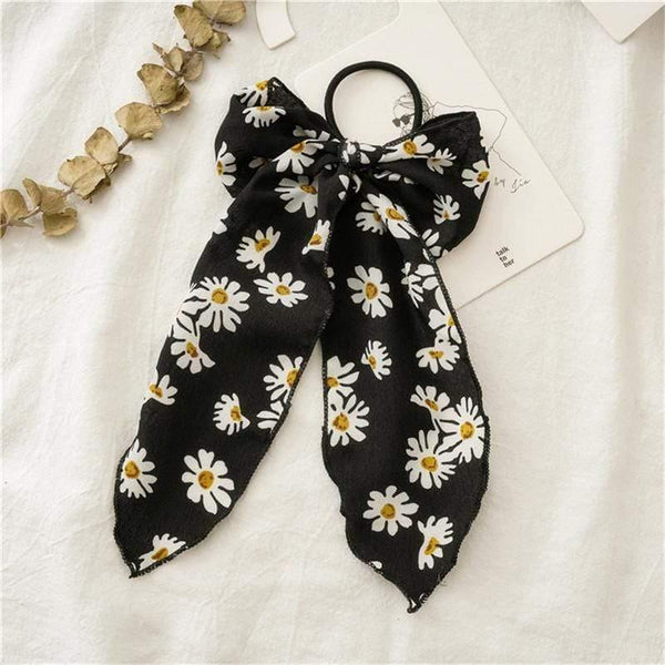 Daisy Print Bow Streamers Scrunchies Silk Elastic Hair Band For Women Girls Hair Ties Korean Sweet Hair Accessories