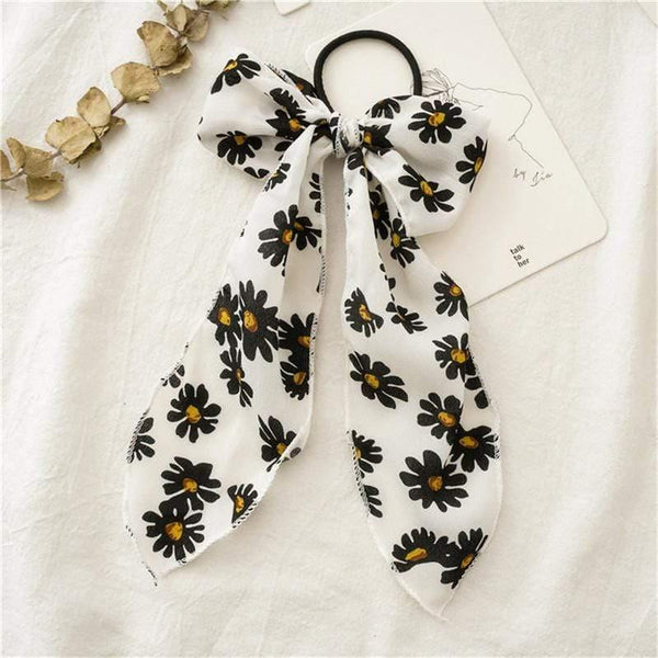 Daisy Print Bow Streamers Scrunchies Silk Elastic Hair Band For Women Girls Hair Ties Korean Sweet Hair Accessories