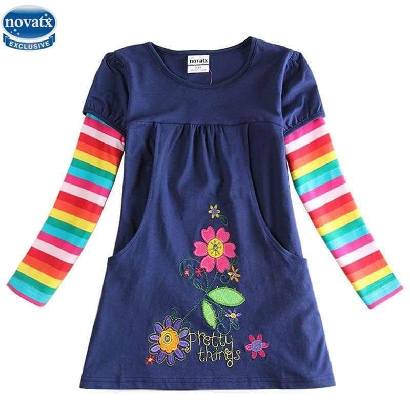 Planet Gates H5802 NAVY / 2T Kids princess girl dress  full sleeve floral high quality dresses girl clothes children baby girl  dresses kids