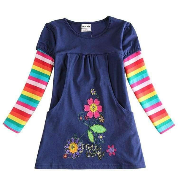 Planet Gates H5802 NAVY / 2T Kids princess girl dress  full sleeve floral high quality dresses girl clothes children baby girl  dresses kids