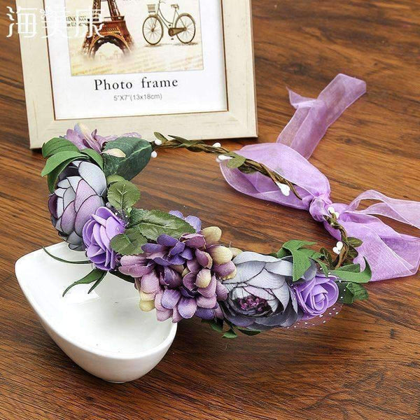 Planet Gates Haimeikang Lady Girl Boho Hair Accessories Wreath Floral  Crown Adjustable Purple  Wreath Crown Beach Vacation Headband