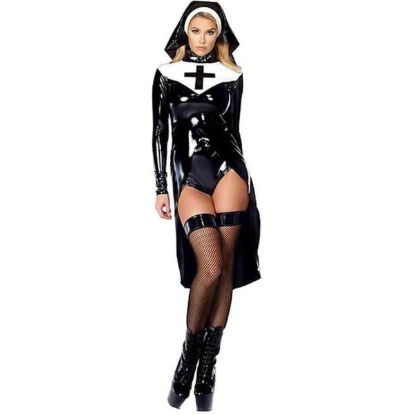 Planet Gates Halloween cosplay M, L, XL Fashion Black Women sexy nun costume Vinyl Leather Cosplay Halloween Costume W850640