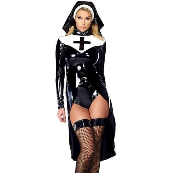 Planet Gates Halloween cosplay M, L, XL Fashion Black Women sexy nun costume Vinyl Leather Cosplay Halloween Costume W850640