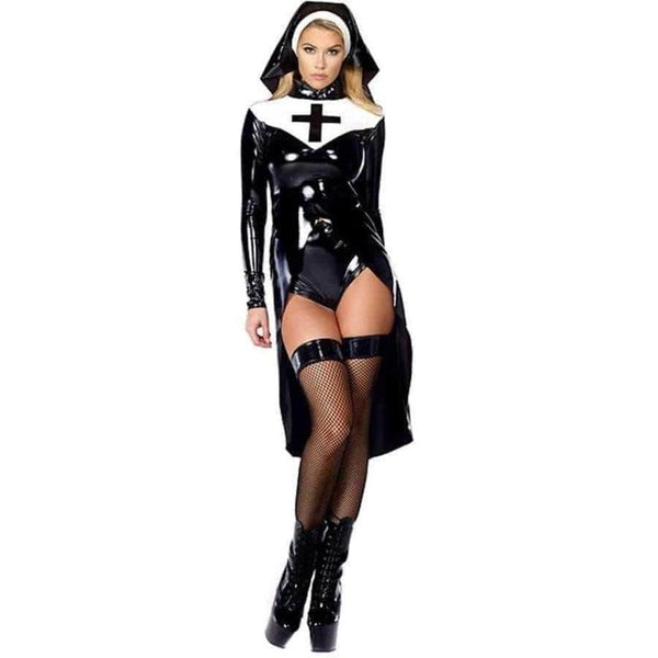 Planet Gates Halloween cosplay M, L, XL Fashion Black Women sexy nun costume Vinyl Leather Cosplay Halloween Costume W850640