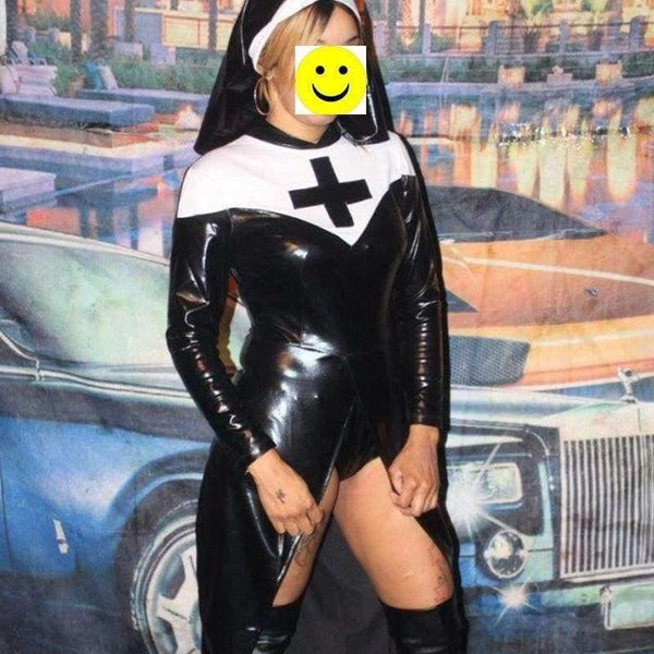 Planet Gates Halloween cosplay M, L, XL Fashion Black Women sexy nun costume Vinyl Leather Cosplay Halloween Costume W850640