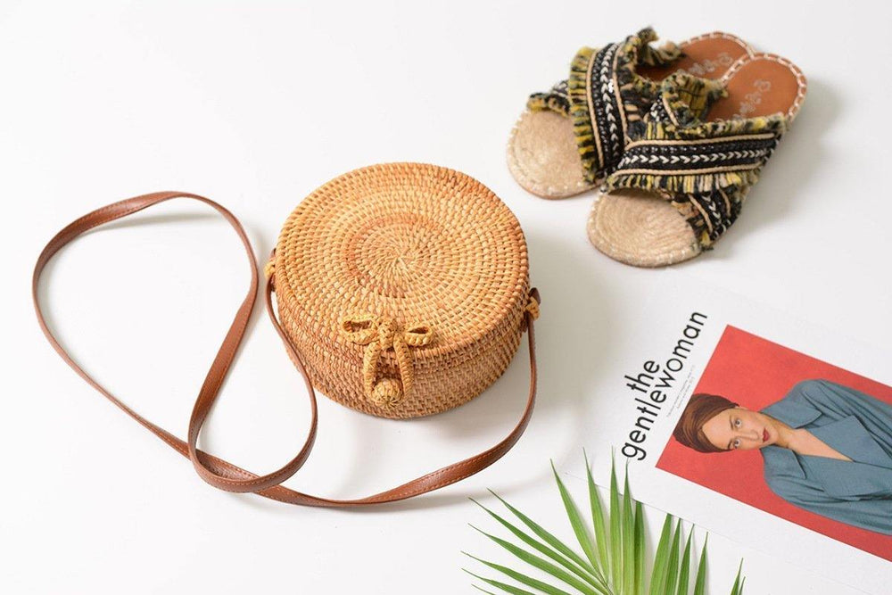Planet Gates Hand Woven Bag Round Bag buckle Rattan  Straw Bags Satchel Wind Bohemia Beach Circle Bag