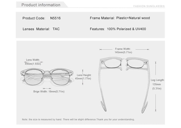 Planet Gates Handmade 2021 Black Walnut Wooden Sunglasses Men Polarized UV400 Protection Semi-Rimless Retro Eyewear Women Oculos