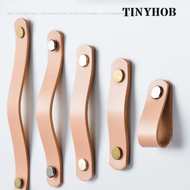 Handmade Cabinet Handle Soft Cow leather Leather Dresser Drawer Door Knobs Pull Furniture Hardware Pink Leather Handle