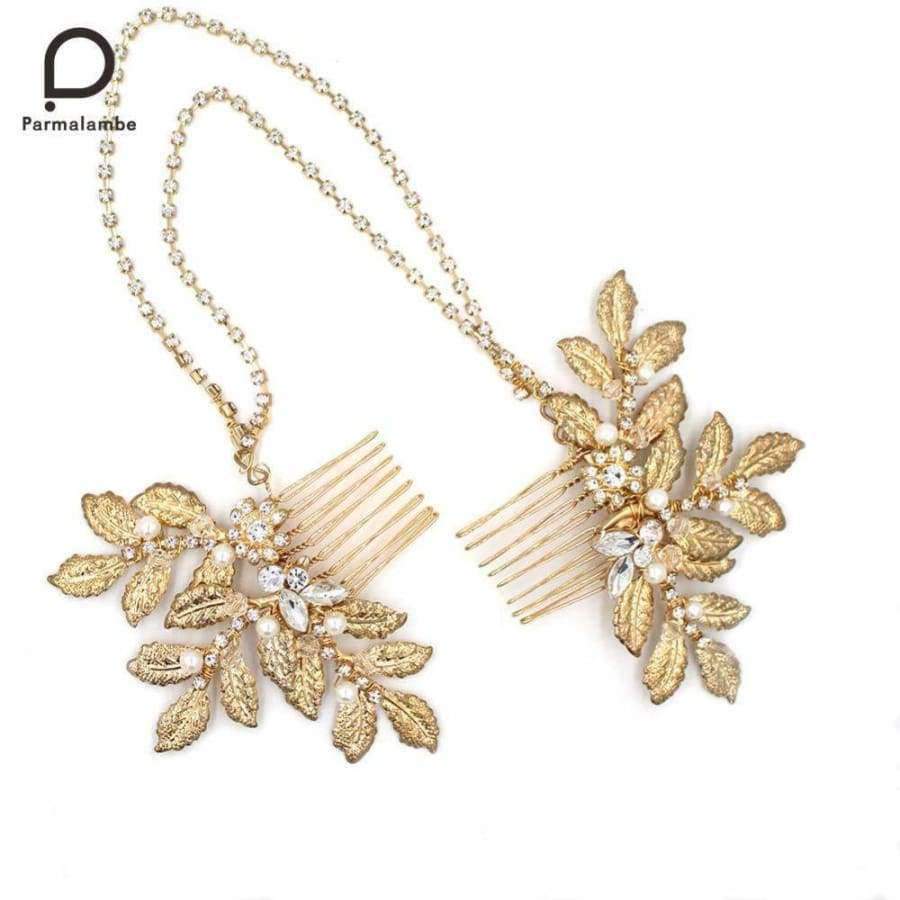 Planet Gates Handmade Hair Combs Gold Glinting Leaves Pearl Rhinestone Chain Crystal Bridal Headpieces Wedding Hair Accessories