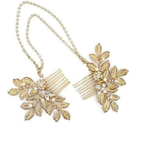 Planet Gates Handmade Hair Combs Gold Glinting Leaves Pearl Rhinestone Chain Crystal Bridal Headpieces Wedding Hair Accessories