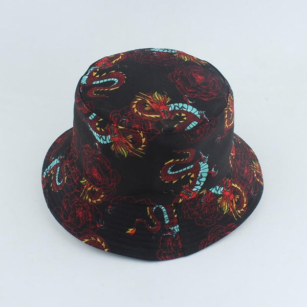 Planet Gates Harajuku Punk Black Fisherman Hat Panama Bob Casquette Dragon Print Bucket Hats For Women Men Hip Hop Cap Gorro