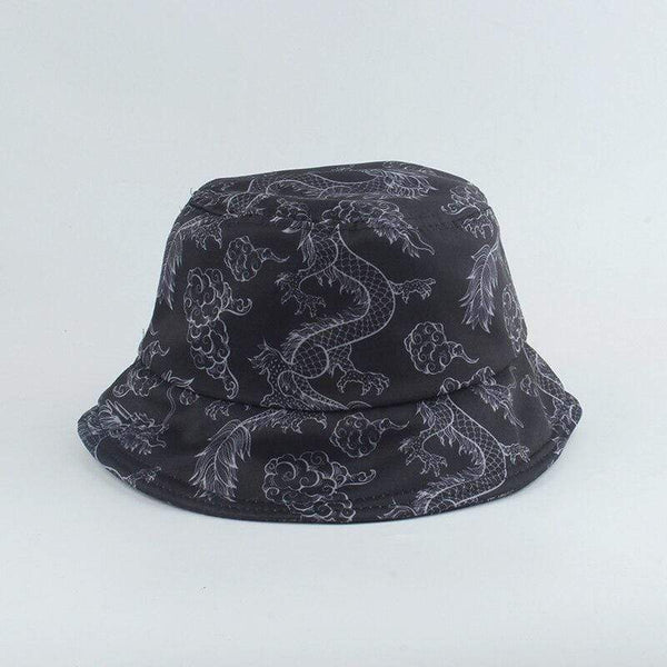 Planet Gates Harajuku Punk Black Fisherman Hat Panama Bob Casquette Dragon Print Bucket Hats For Women Men Hip Hop Cap Gorro